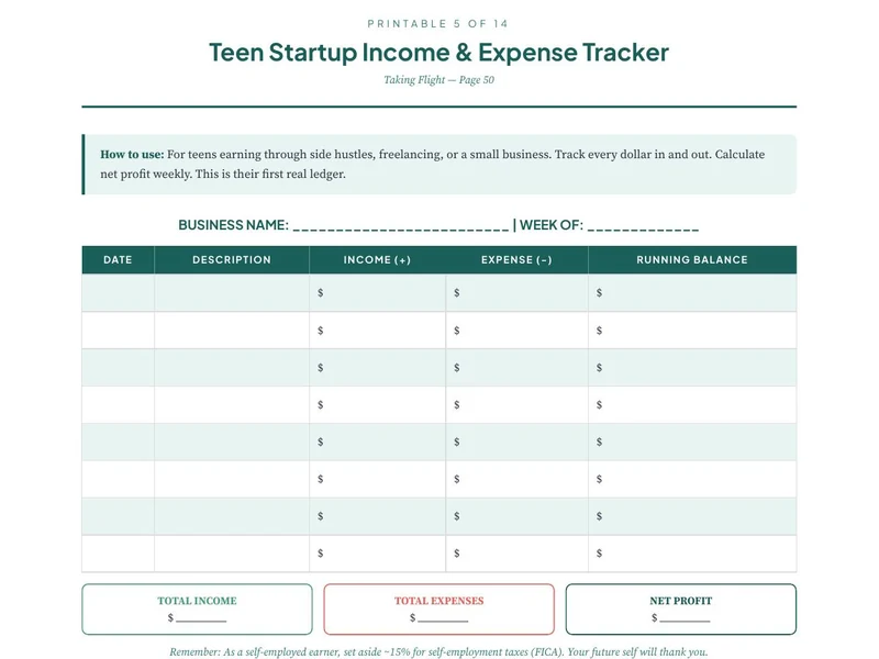 Teen Startup Income and Expense Tracker — editorial budgeting page from Taking Flight