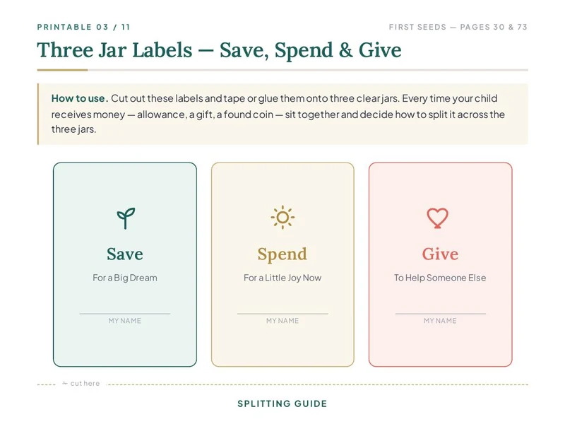 Three Jar Labels — Save, Spend and Give printable activity from First Seeds